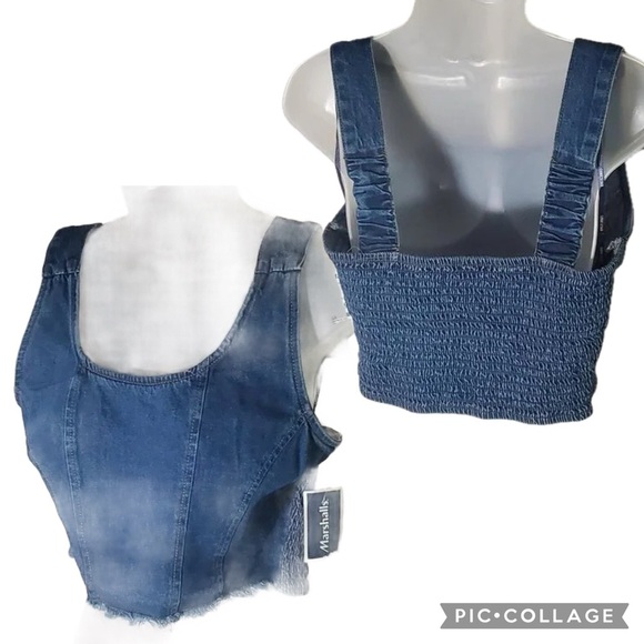 NWT Lone Star Blue Denim Corset Crop Top Smocked Back & Front Raw Hem  – Size M - Picture 8 of 8